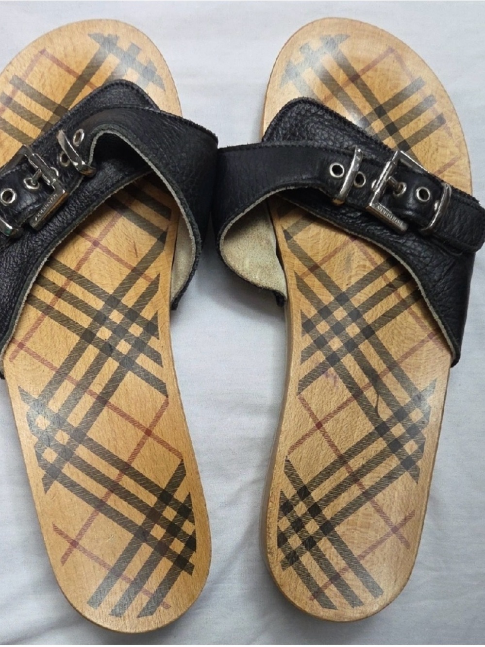 Burberry Black Leather Slide Sandals with Signature Plaid Insole from 2004